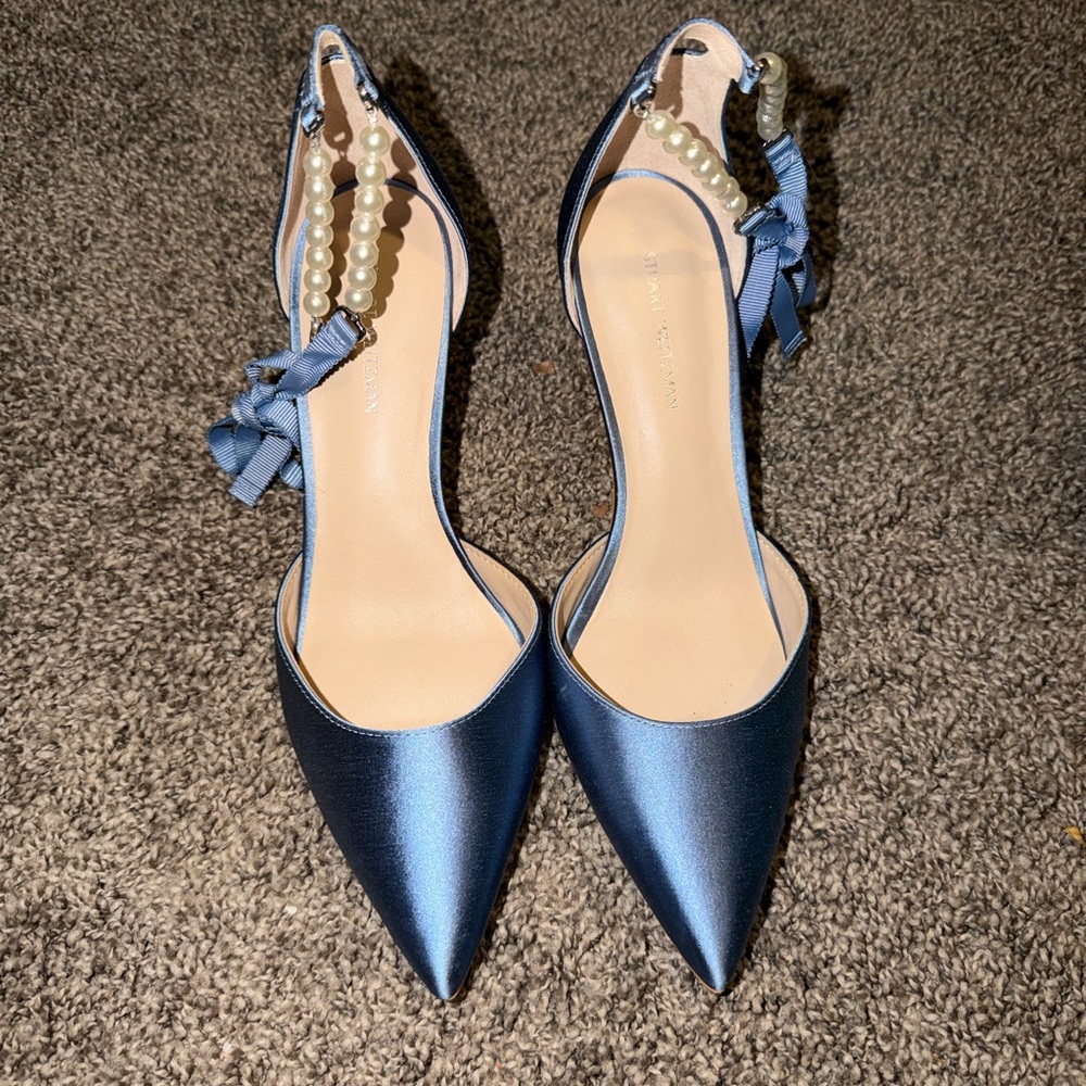 Stuart Weitzman Blue Satin Heels with Pearl Detail